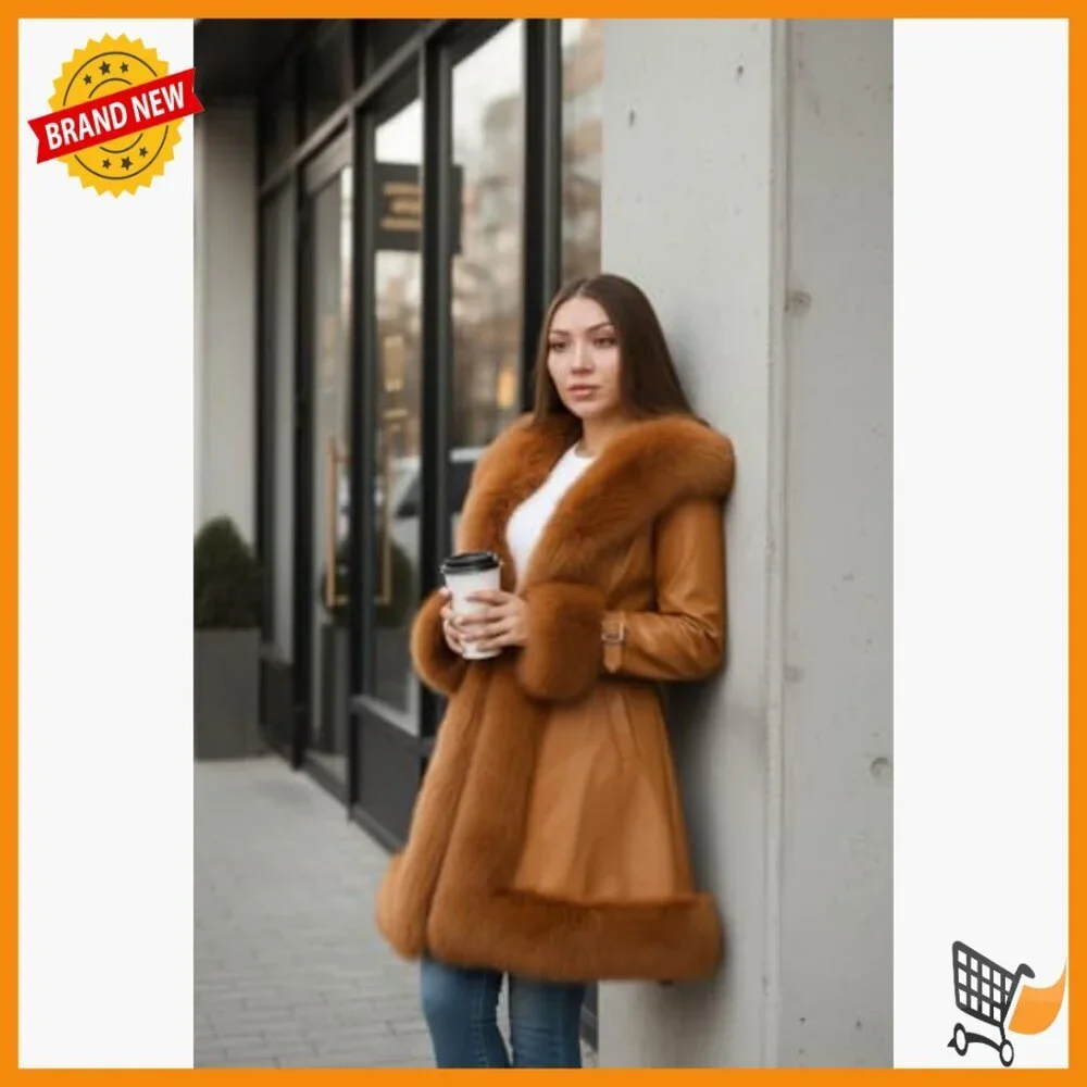 Vegan Leather Belted A Line Winter Coat with Faux Fur Trim Hood